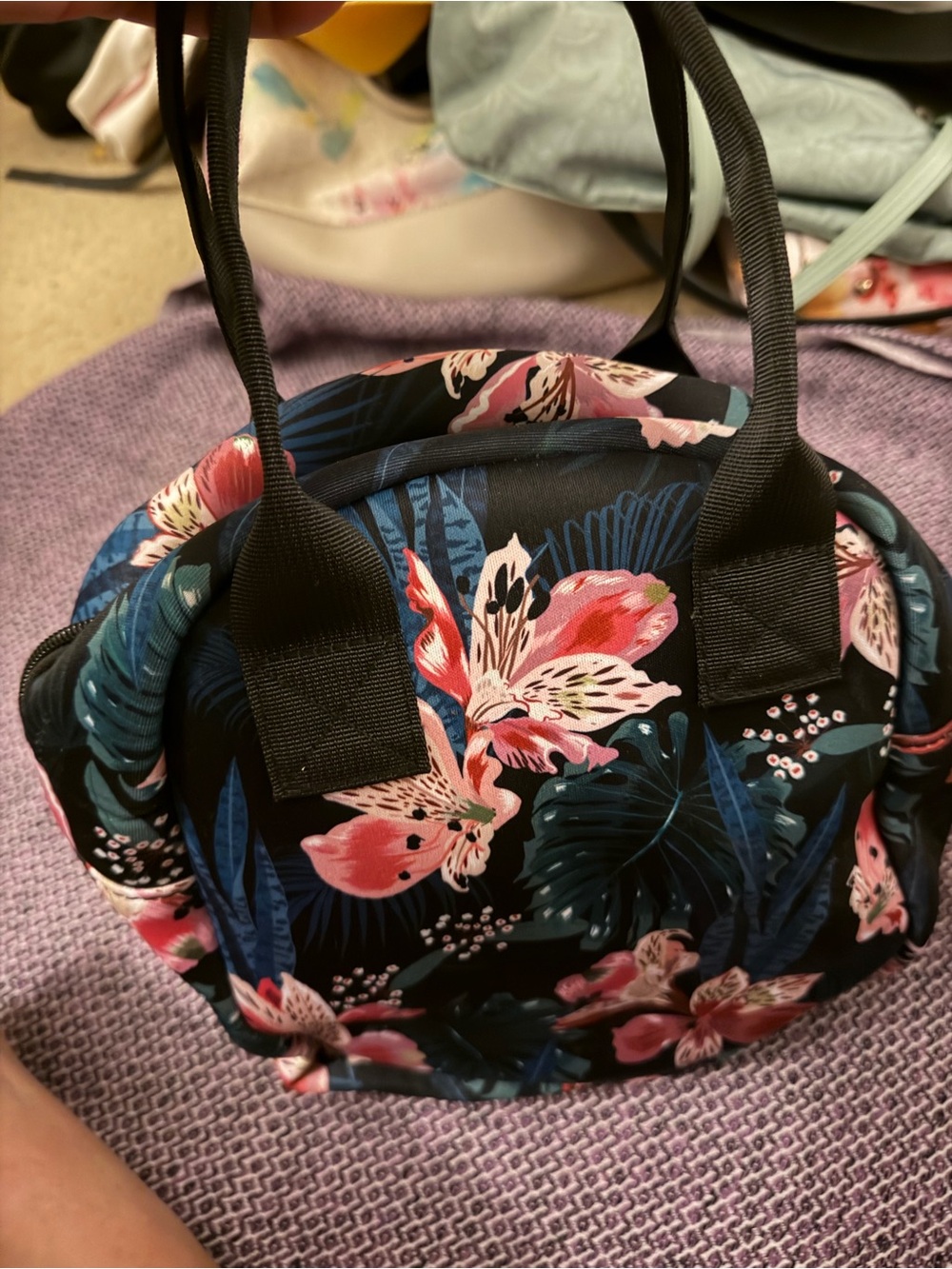 Floral Print Satchel Lunchbag - Black with Pink Blossoms